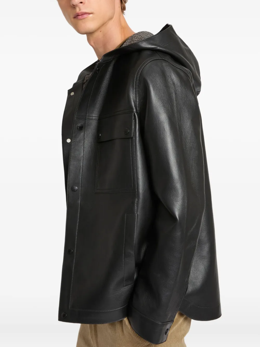 Yves Salomon Flanellen gestreepte leren hoodie Zwart