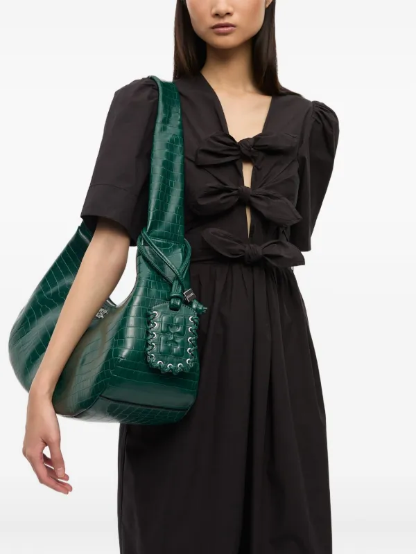 Ganni 'Medium Bou' Green Shoulder Bag with Crocodile Leather Effect An