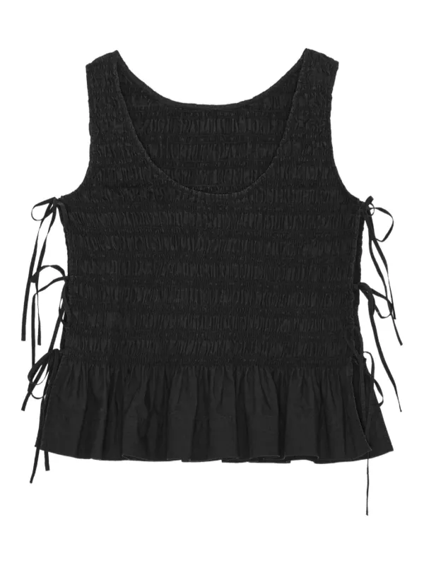 Ganni Black Cotton Smock Tie Top