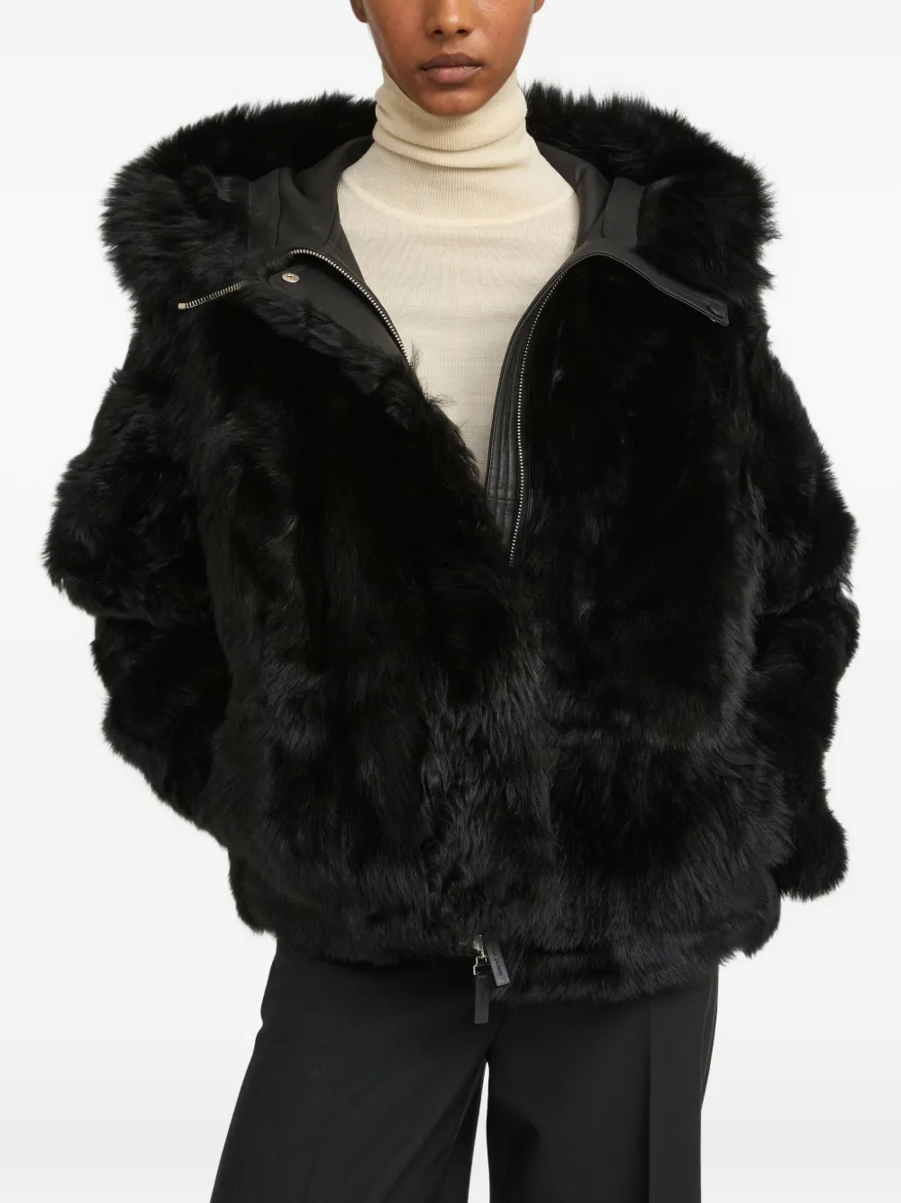 Yves Salomon hooded lambshearling jacket Zwart
