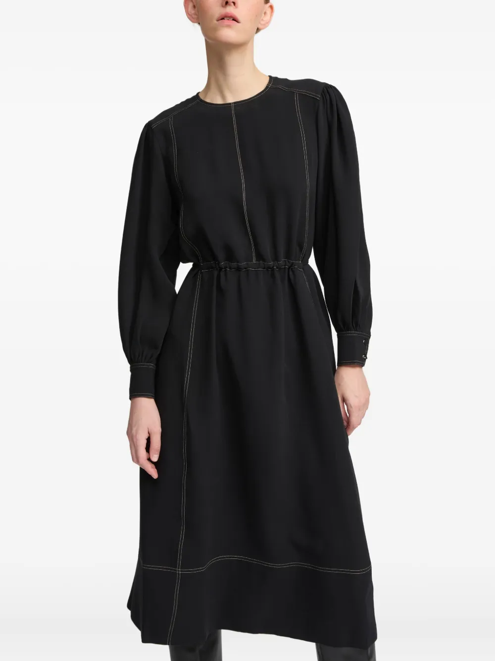 Yves Salomon Drawstring-waist Puff-sleeve Midi Dress In Multi