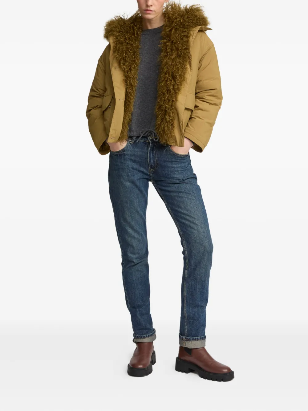 Yves Salomon Lambshearling-trimmed Down Jacket In Green