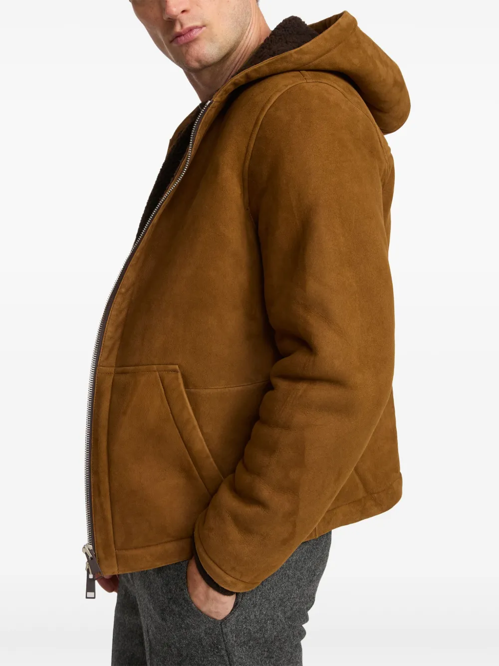 Yves Salomon hooded suede shearling jacket B3198 BROWN