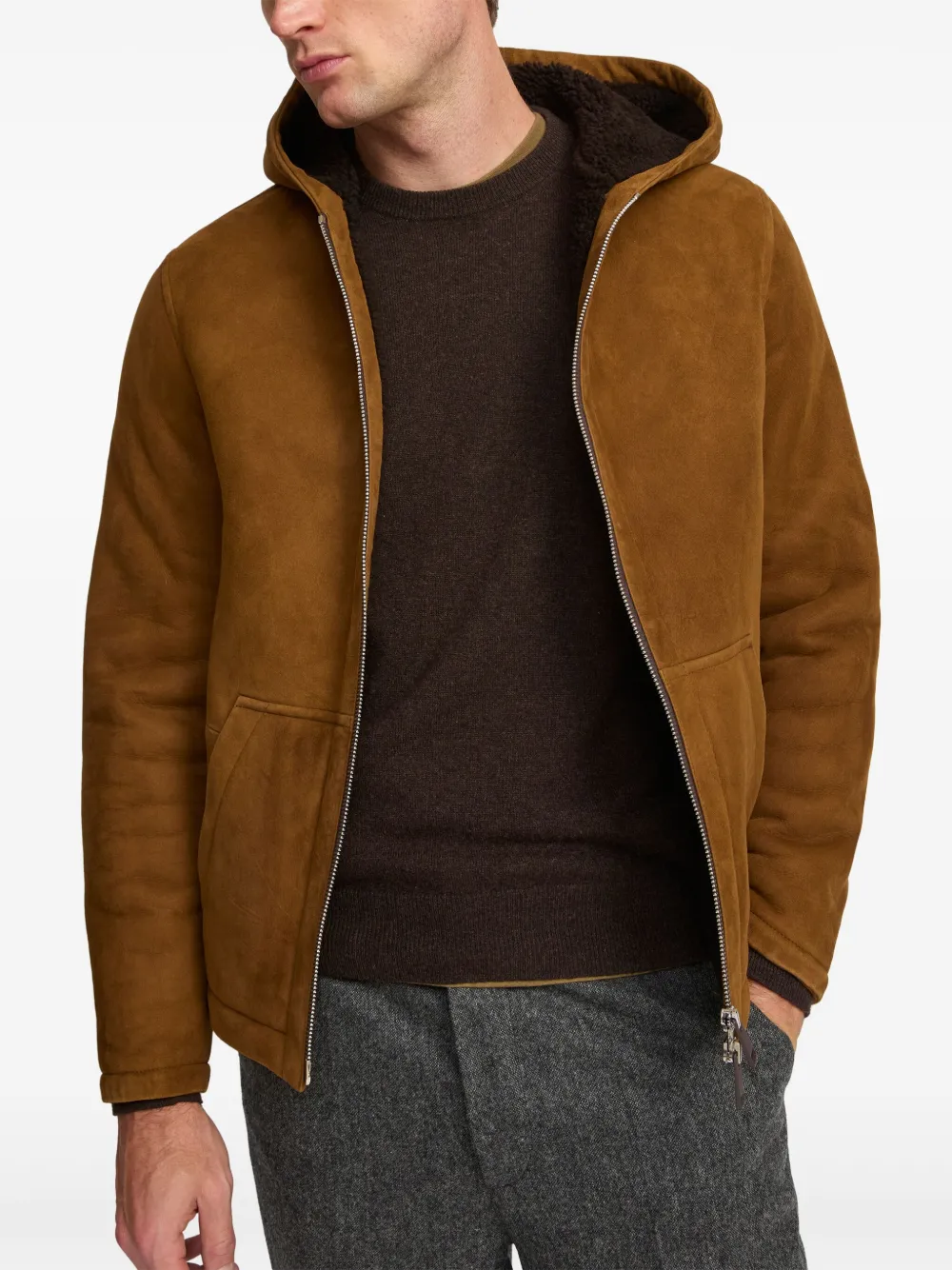 Yves Salomon hooded suede shearling jacket B3198 BROWN
