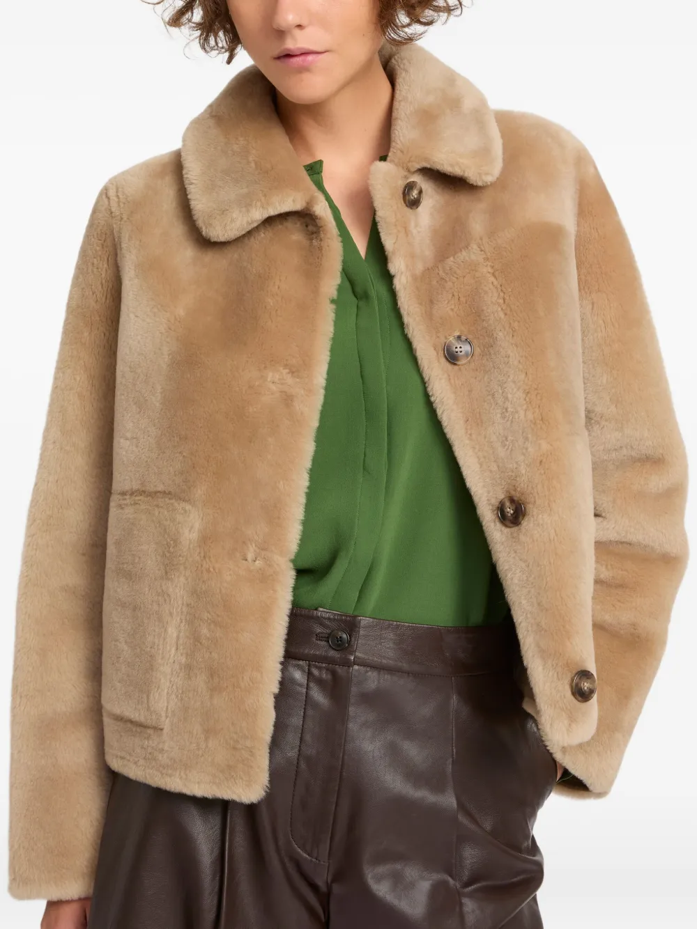 Yves Salomon Short Lamb Shearling Jacket In Brown