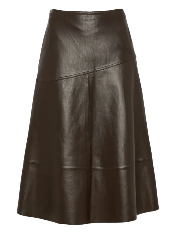 Yves Salomon Flared Leather Midi Skirt in Brown