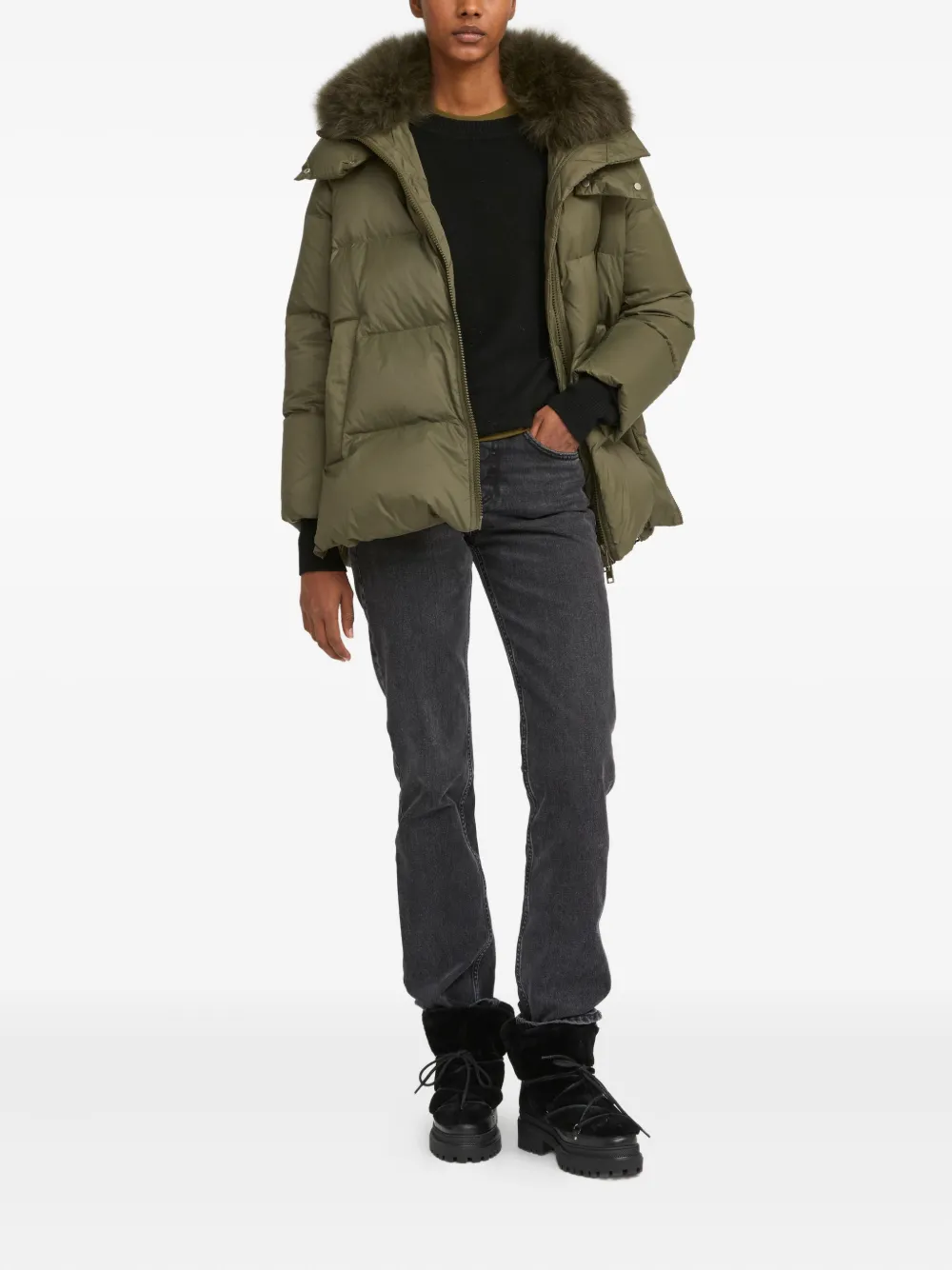 Yves Salomon Lambswool-collar Down Jacket In Green