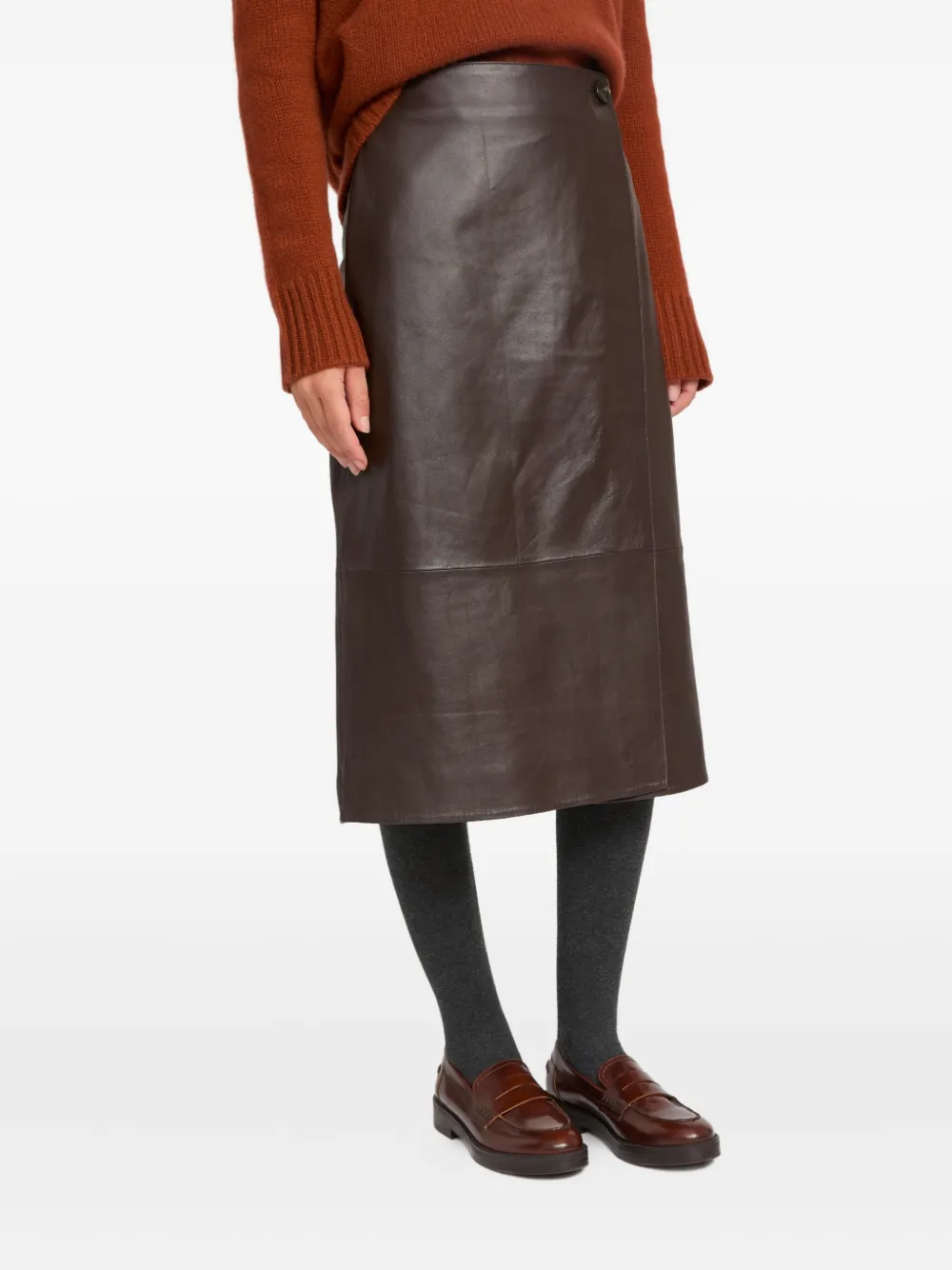 Yves Salomon Leather Panel Midi Skirt in Brown, view 4