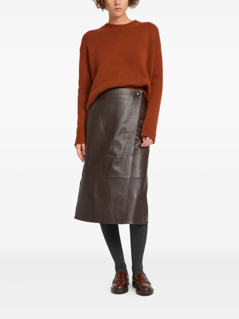 Yves Salomon Leather Panel Midi Skirt in Brown, view 2