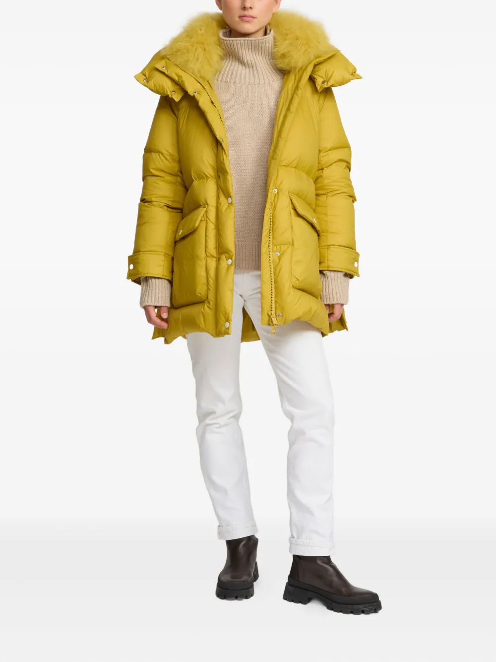 Yves Salomon hoodedlambshearling down coat - Geel