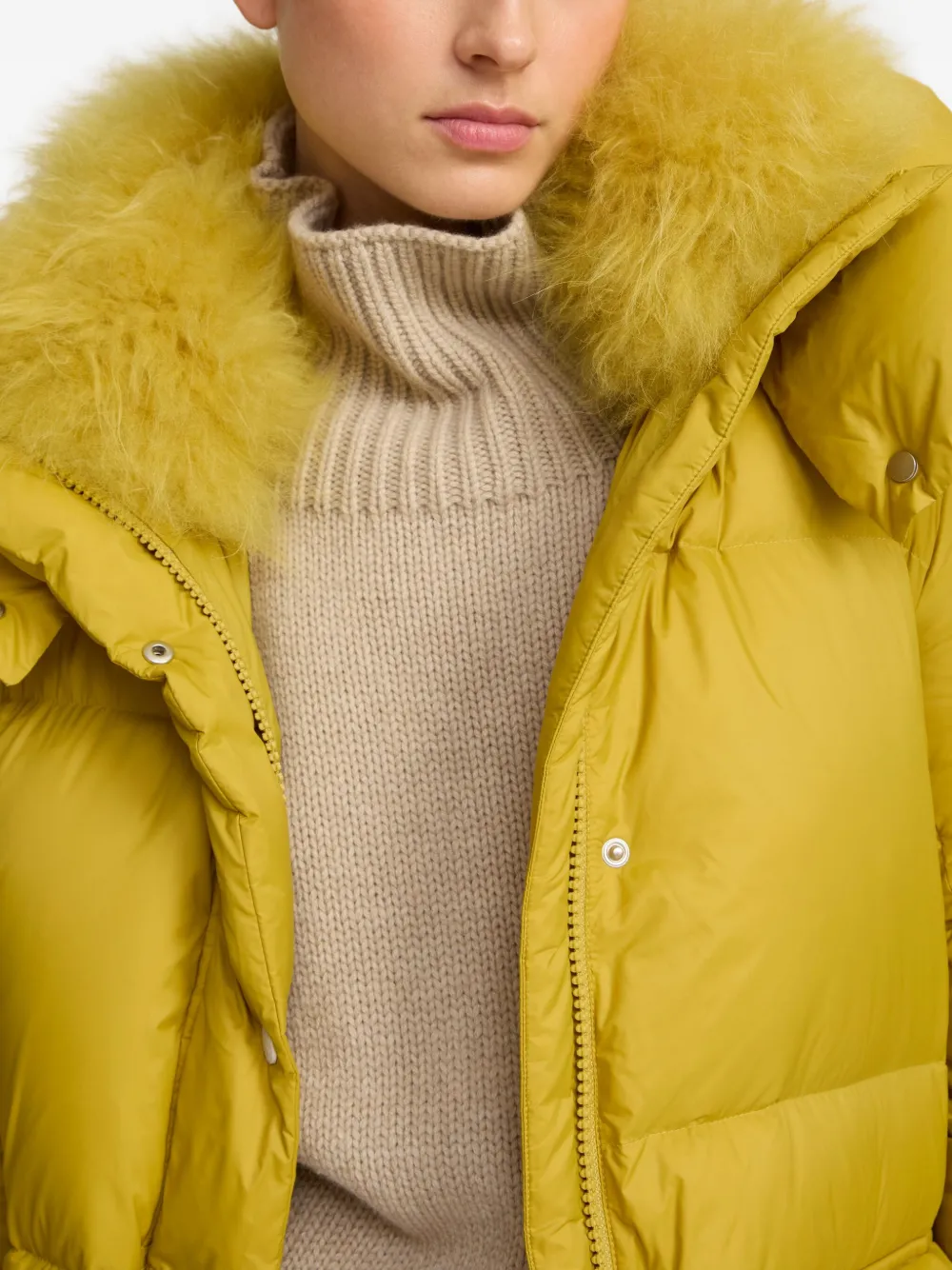 Yves Salomon hoodedlambshearling down coat Geel