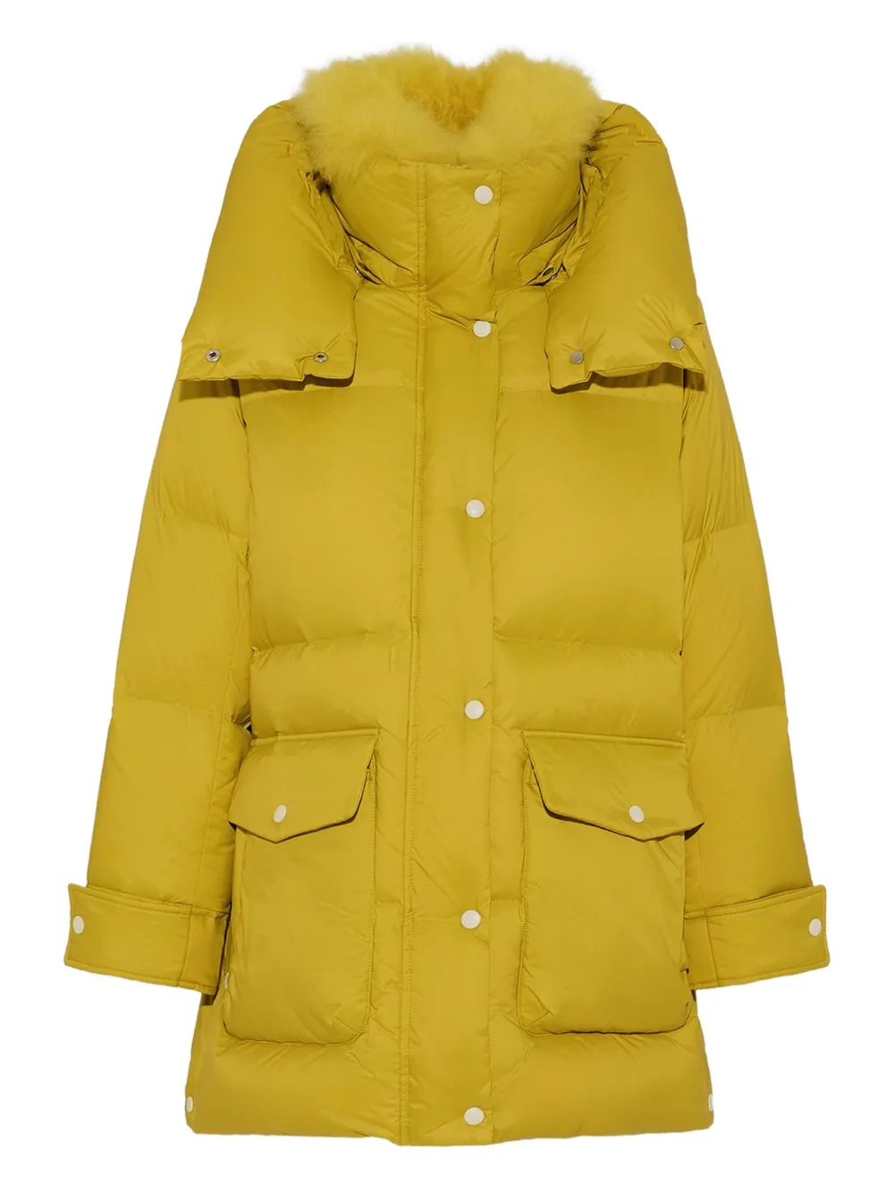 Yves Salomon hoodedlambshearling down coat Geel