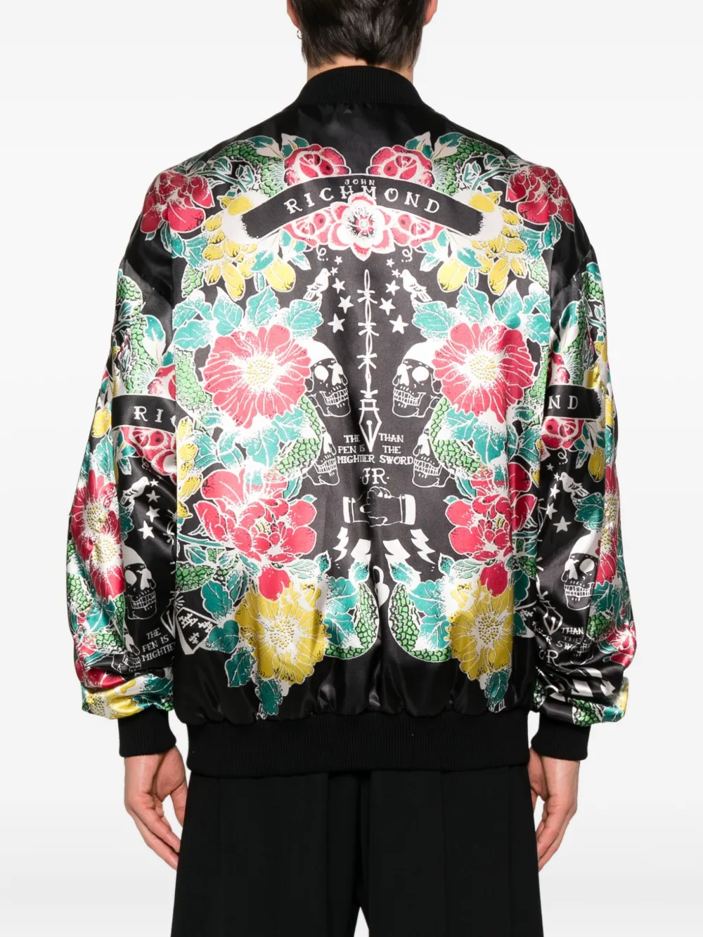 John Richmond Bomberjack met bloemen en doodskopprint Zwart