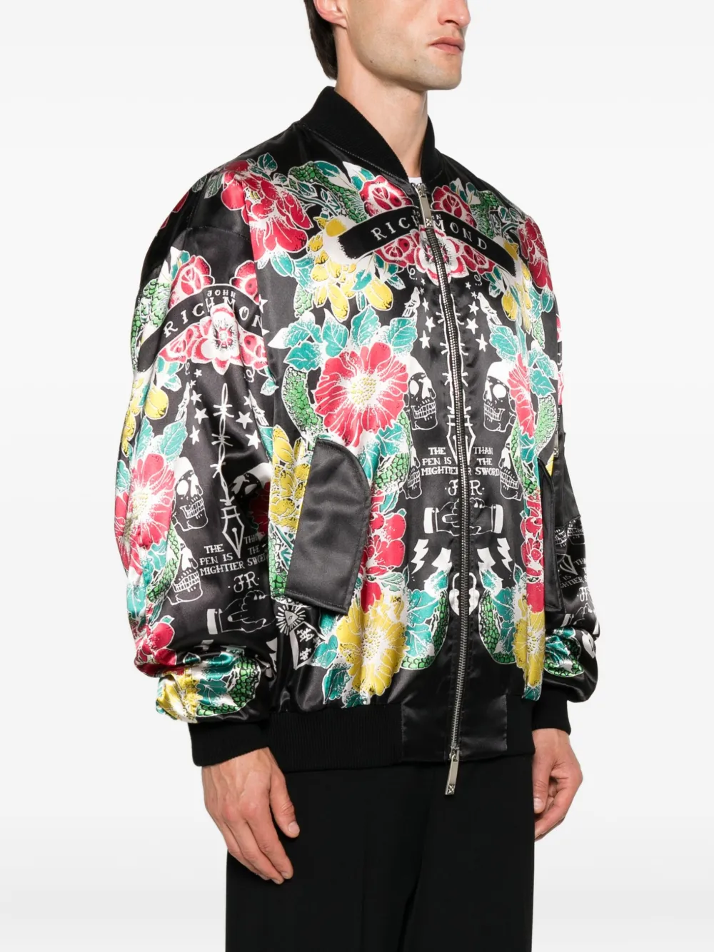 John Richmond Bomberjack met bloemen en doodskopprint Zwart