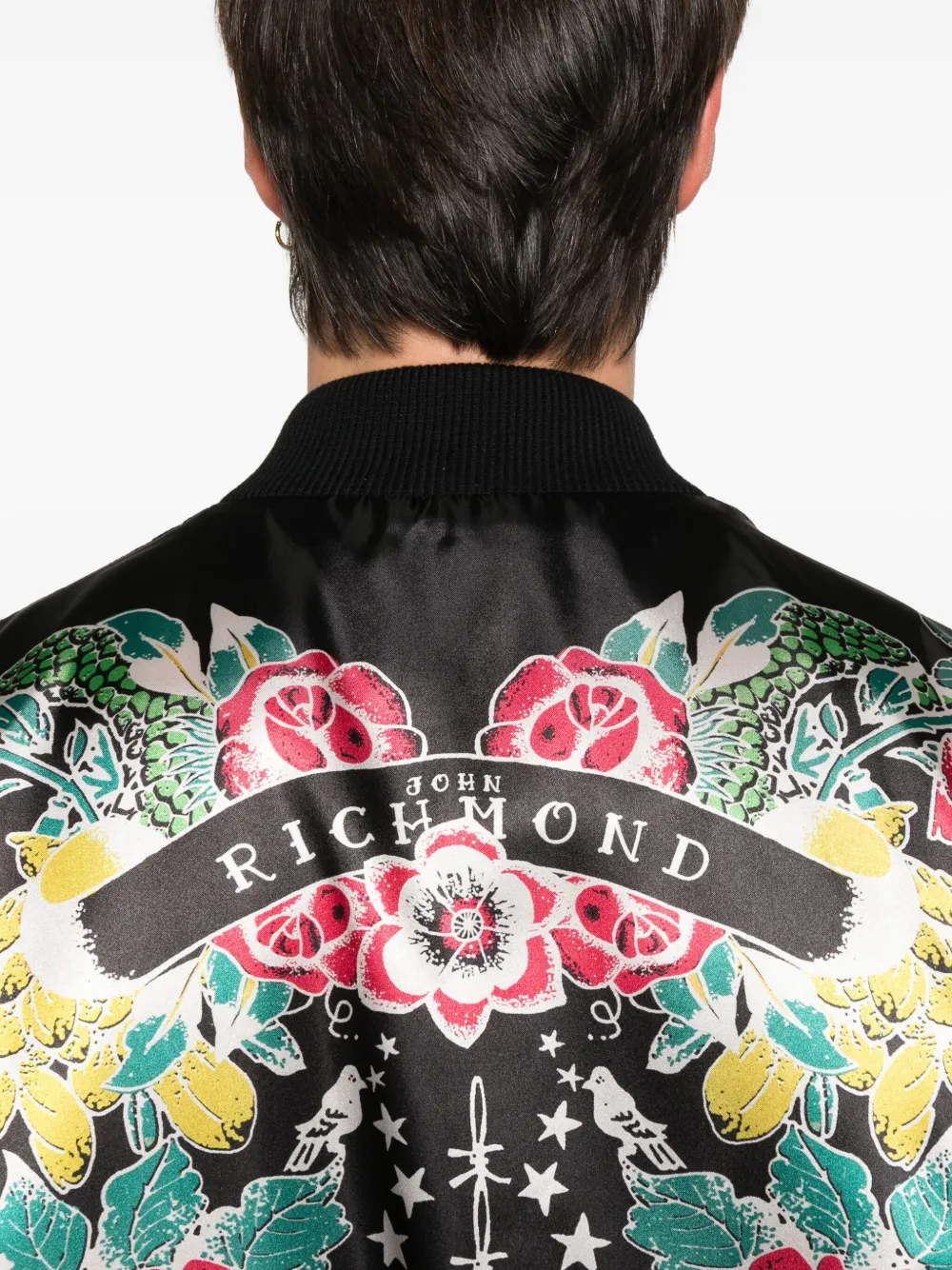 John Richmond Bomberjack met bloemen en doodskopprint Zwart