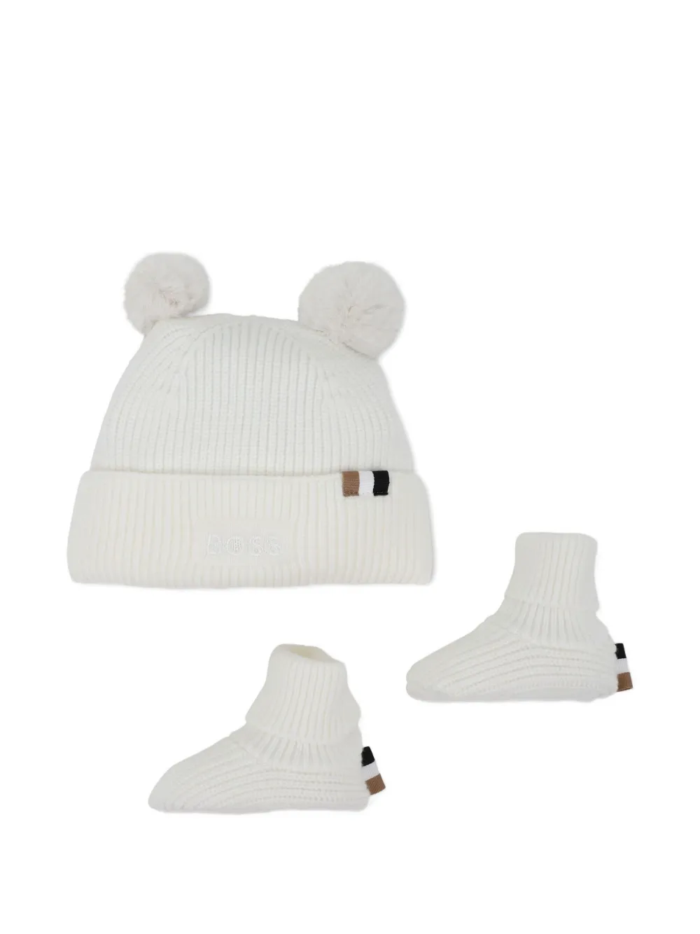 BOSS Kidswear Geribbelde muts en laarzen met pompon Wit