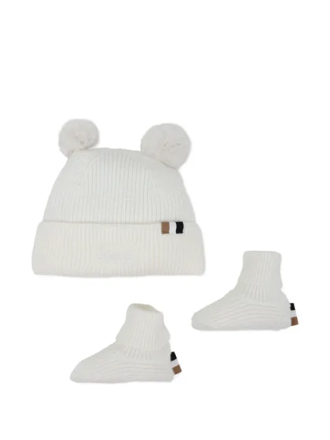 BOSS Kidswear ribbed pom-pom beanie and booties set