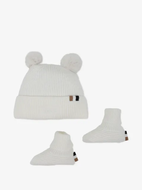 BOSS Kidswear ribbed pom-pom beanie and booties set