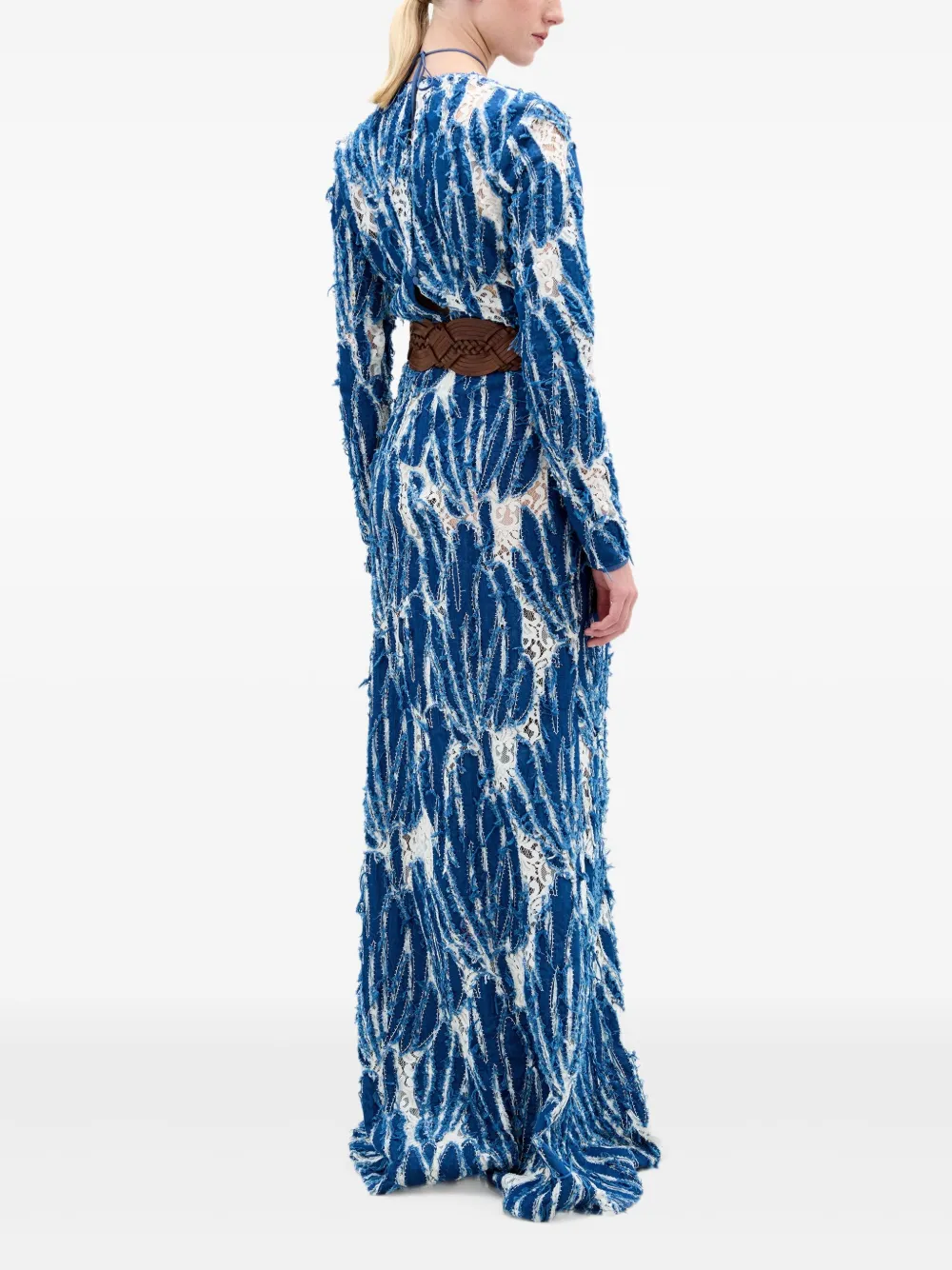 Silvia Tcherassi Avondjurk met franje en bladerprint Blauw