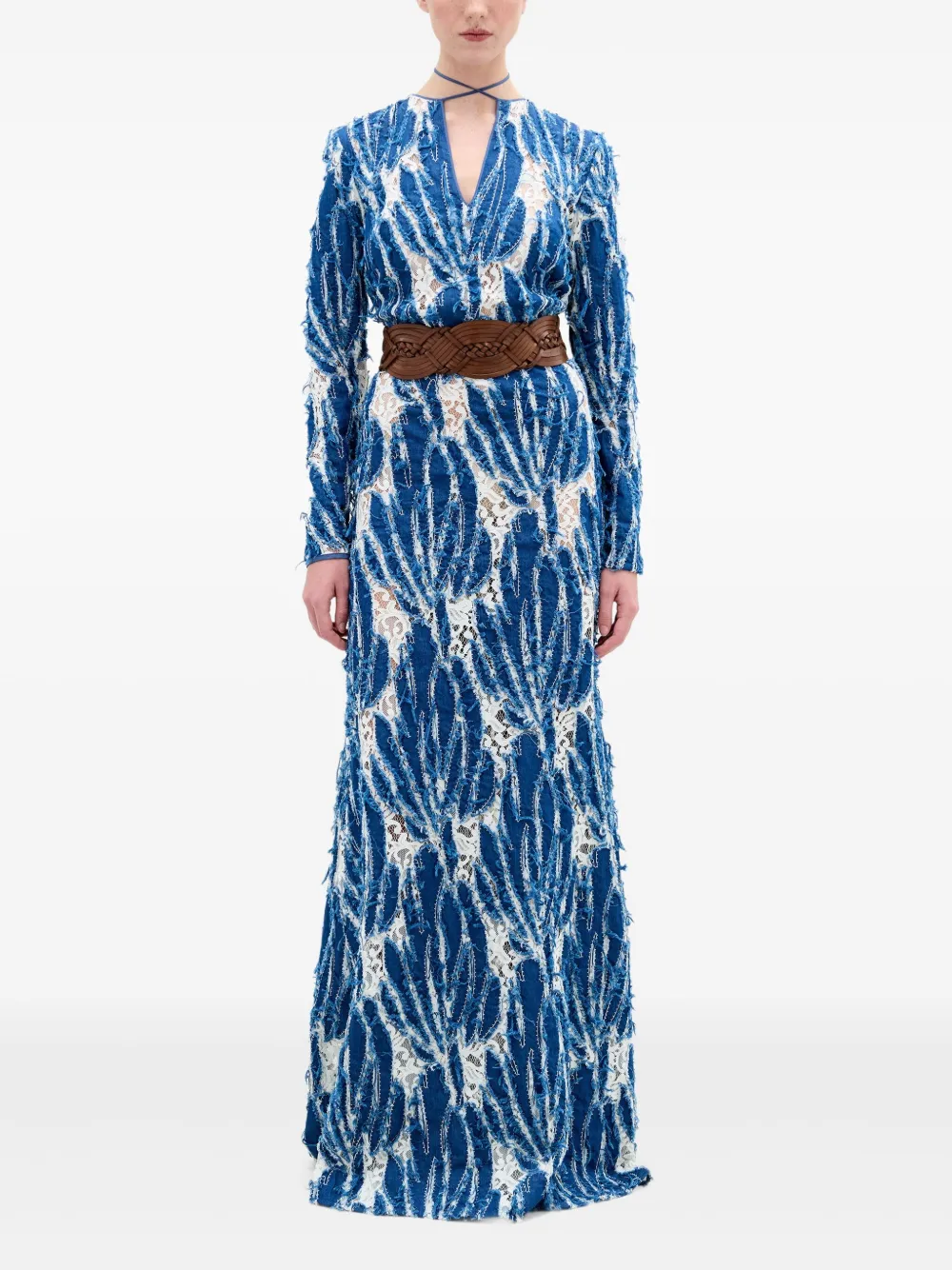 Silvia Tcherassi Avondjurk met franje en bladerprint Blauw