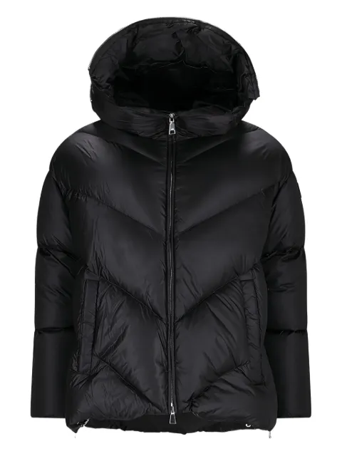 Add hooded chevron-quilted down jacket