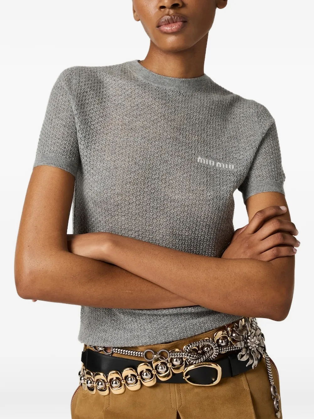 Miu T-shirt met logo intarsia Grijs