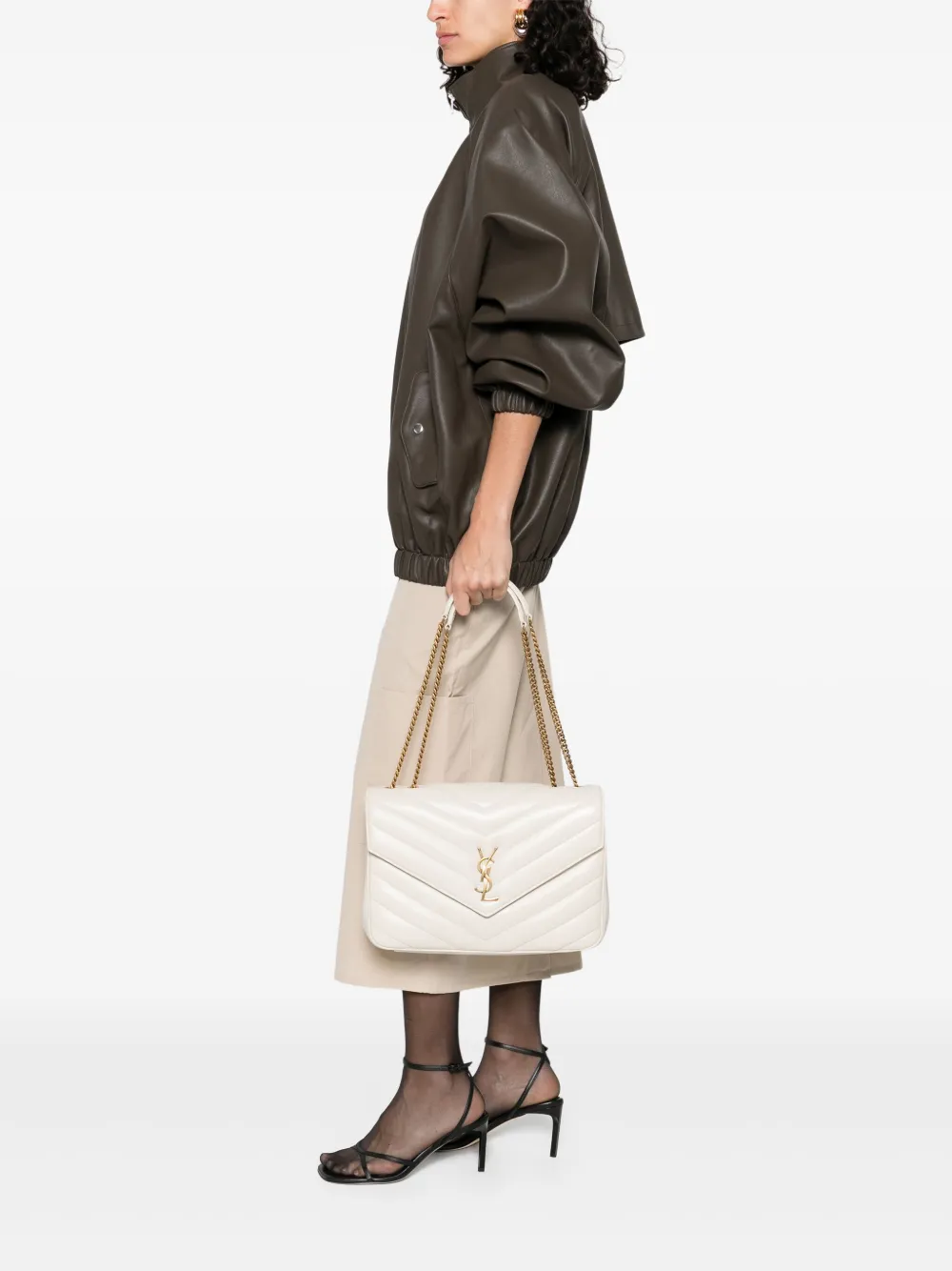 Saint Laurent Grote LouLou leren schoudertas Beige