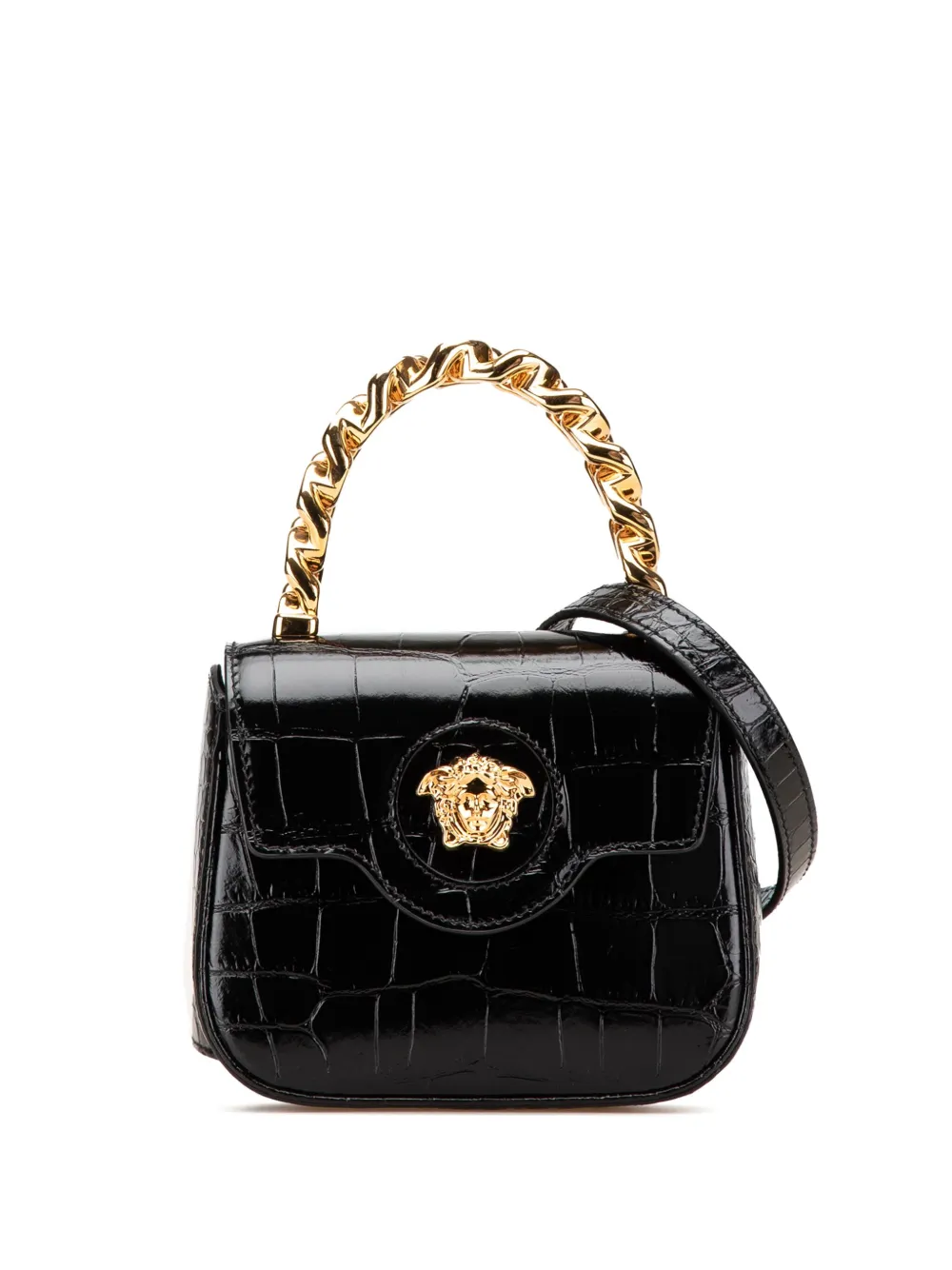 Pre-owned Versace 2000-2024 Mini Croc Embossed La Medusa Satchel