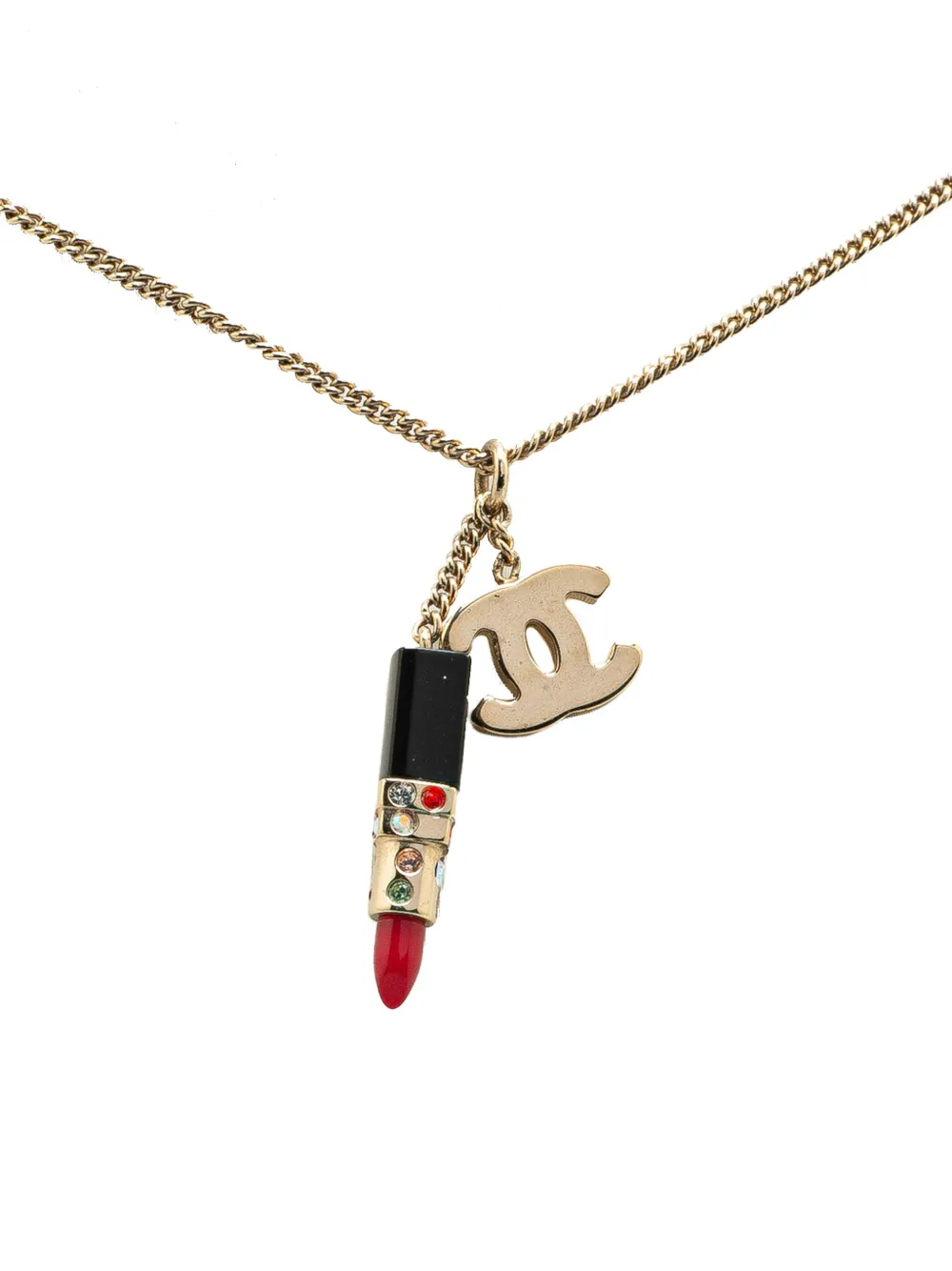 Pre-owned Chanel 2004 Gold Plated Cc Lipstick Pendant Necklace Costume Necklace