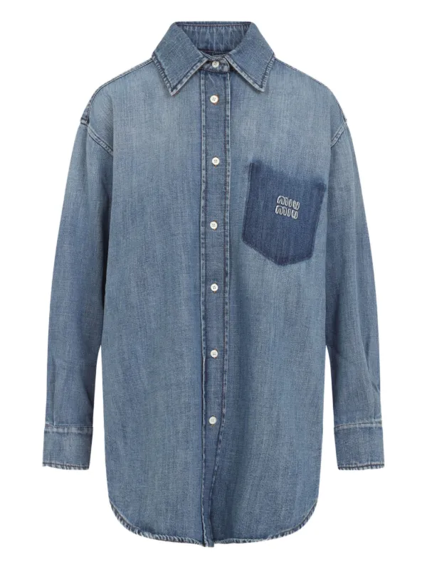 Miu Miu logo-patch Shirt | Blue | FARFETCH RO