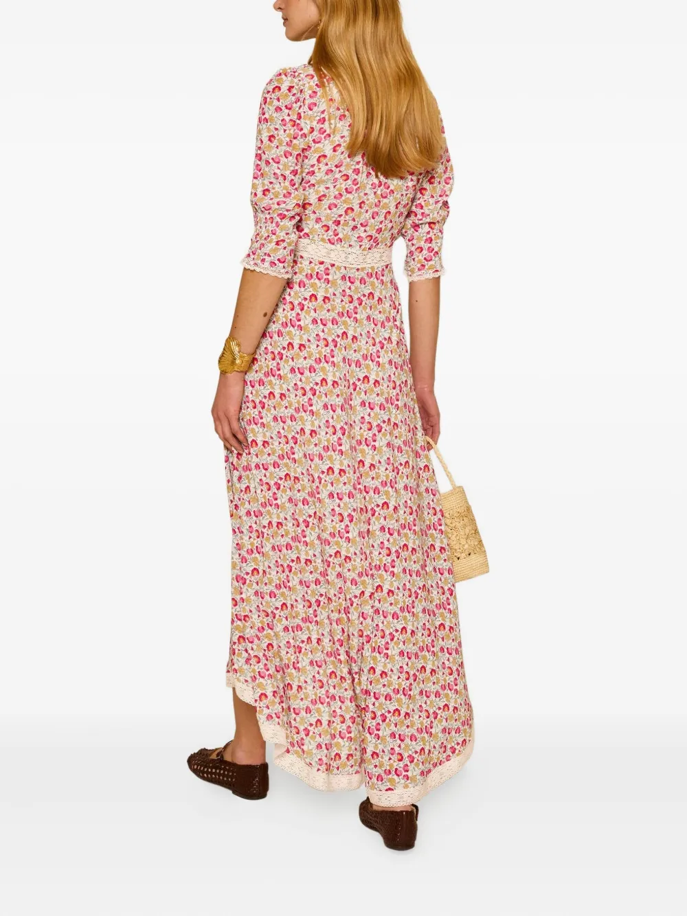 Rixo Midi-jurk met afwerking van kant Beige