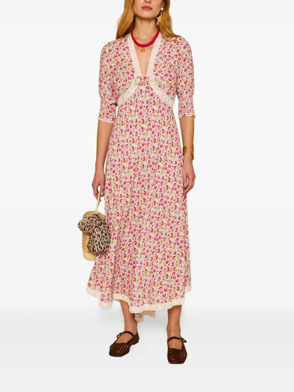 Rixo Midi-jurk met afwerking van kant Beige