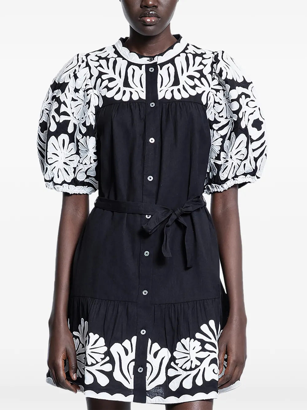 Sea floral embroidery mini dress - Zwart