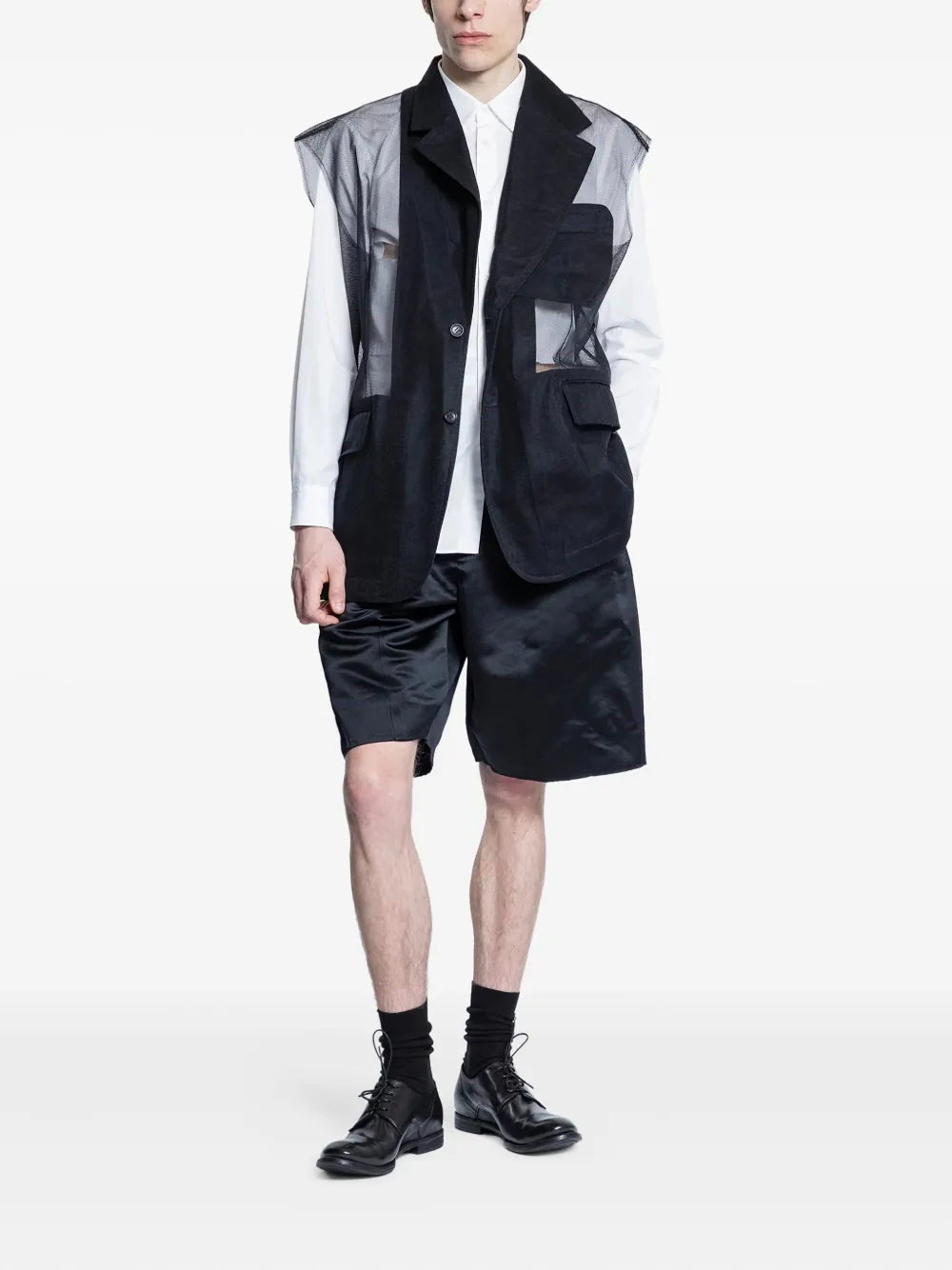 Black Comme Des Garçons Pleated Satin-effect Tailored Shorts In Black
