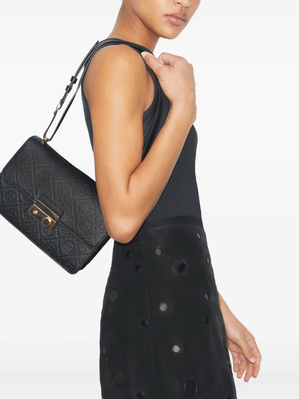 Tory Burch T-Monogram embossed leather shoulder bag - Zwart