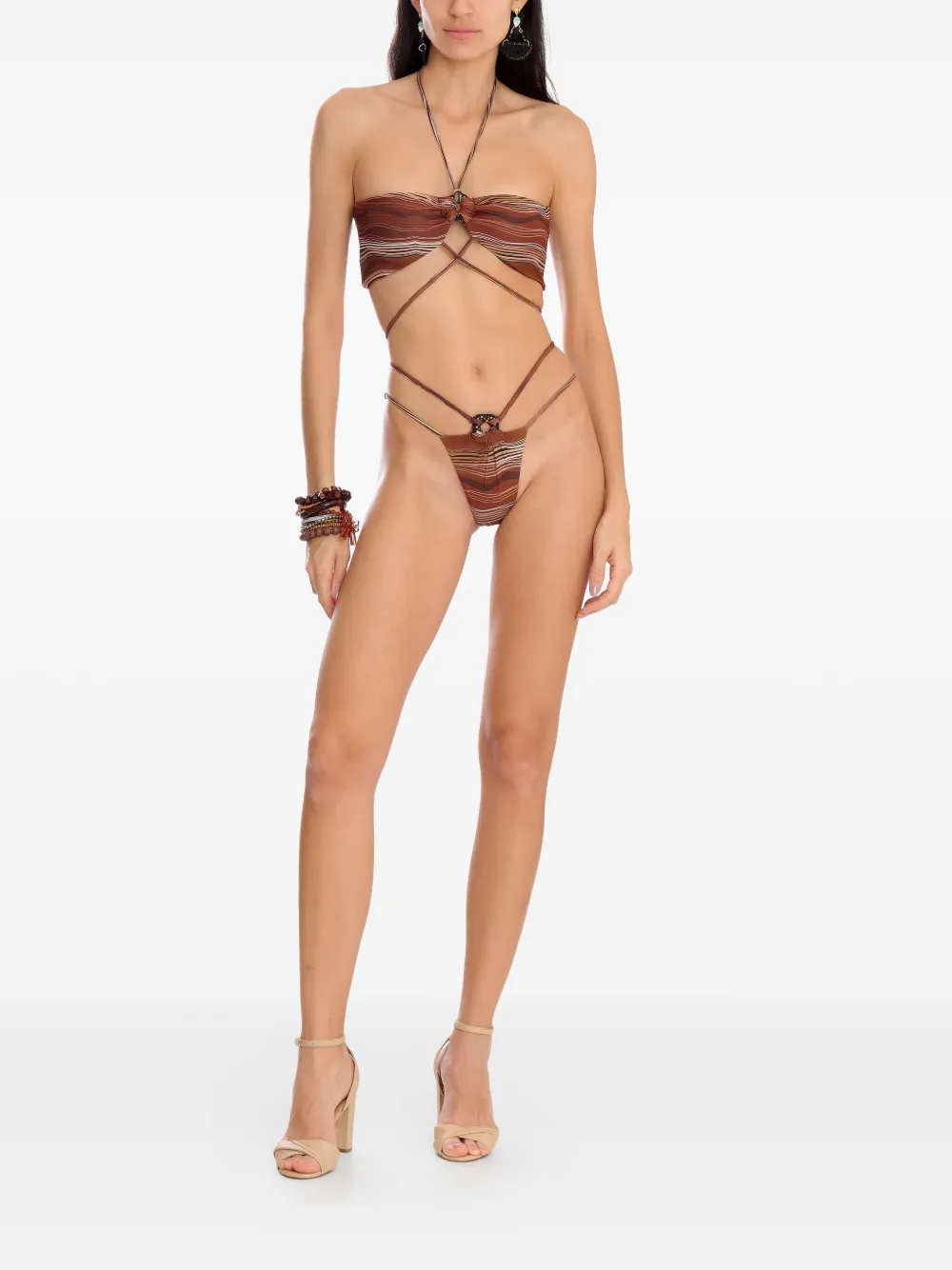 Amir Slama Gestreepte bikini met ringdetail Bruin