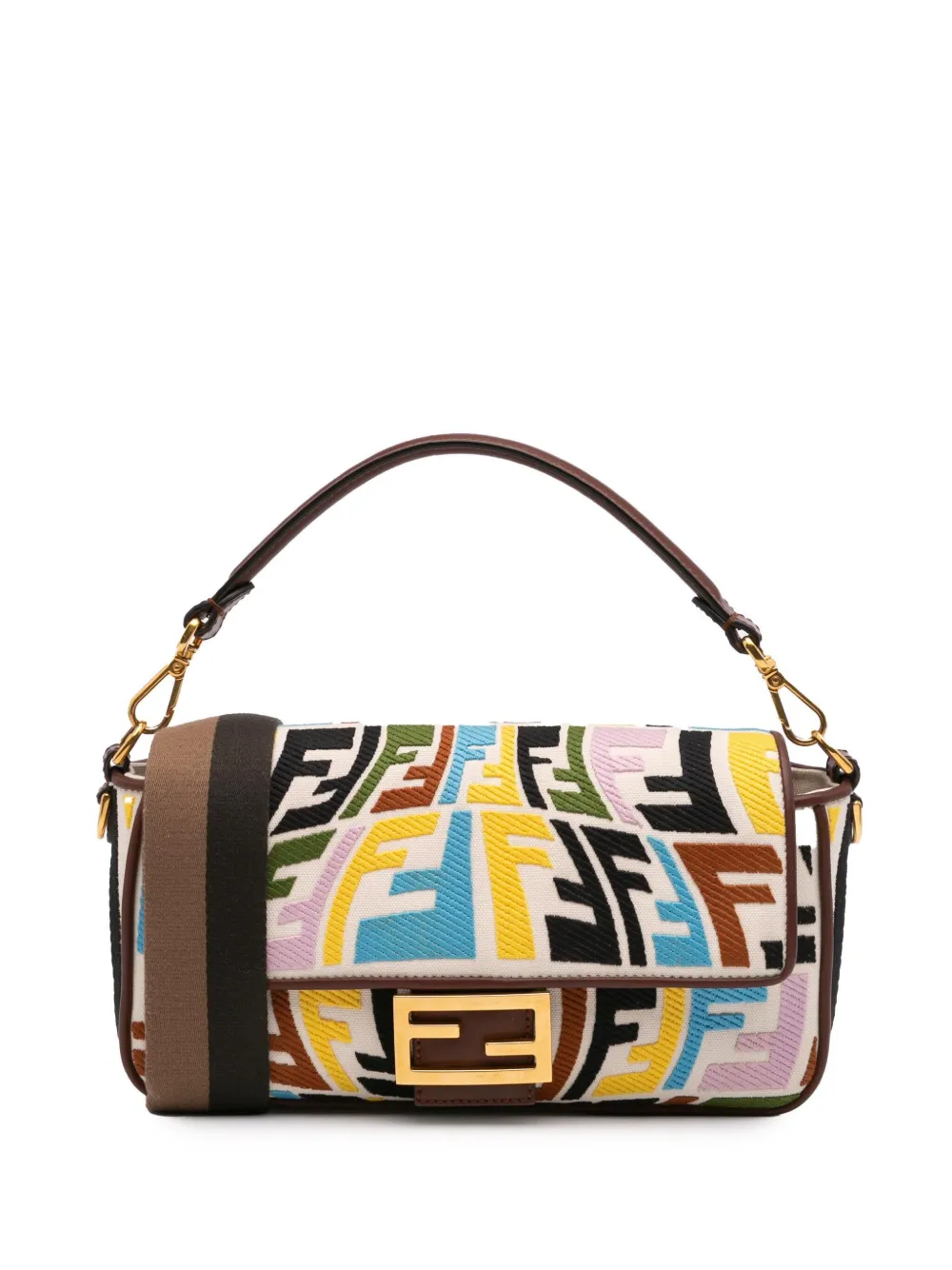 Pre-owned Fendi 2010-2025 Sarah Coleman Zucca Embroidered Canvas Fish Eye Vertigo Baguette Satchel