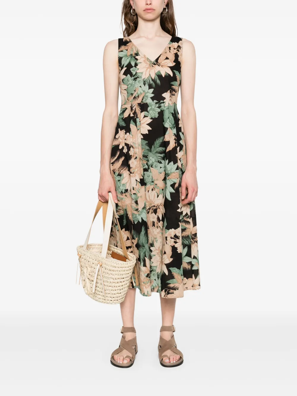 Marella floral-print midi dress - Zwart