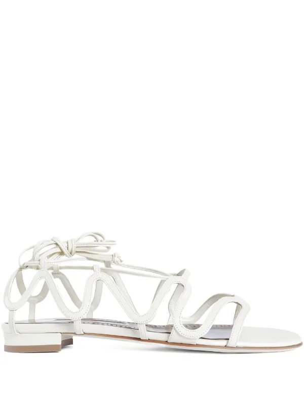 Manolo Blahnik Fawdaflat Lace-up Leather Sandals in White