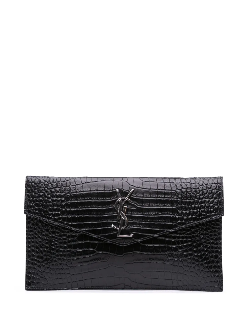 Pre-owned Saint Laurent 2020 Croc Embossed Leather Uptown Pouch Clutch Bag