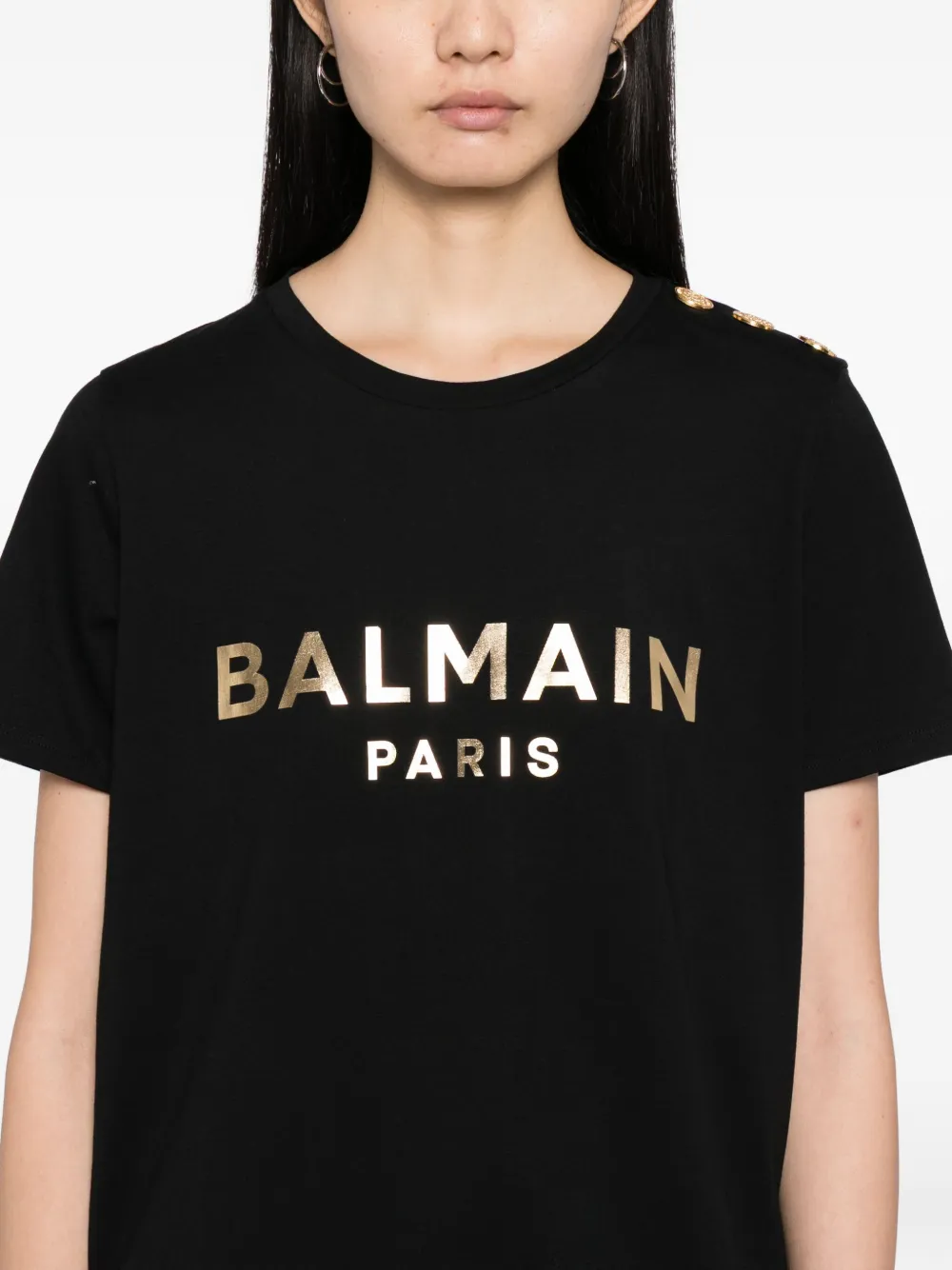 Balmain Button-embellished Printed Cotton-jersey T-shirt In Black