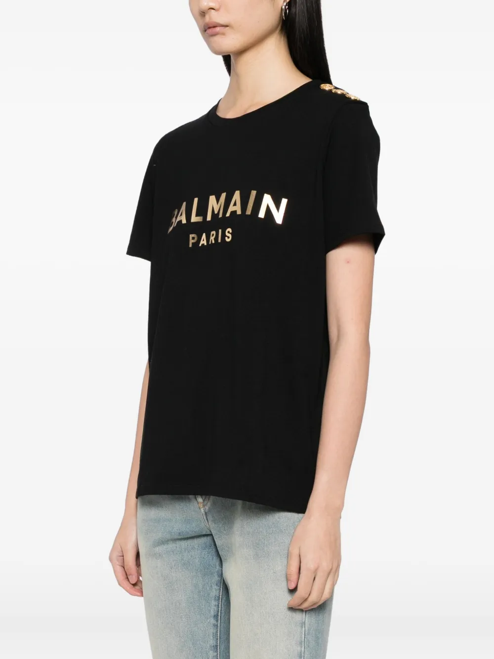 Balmain Button-embellished Printed Cotton-jersey T-shirt In Black
