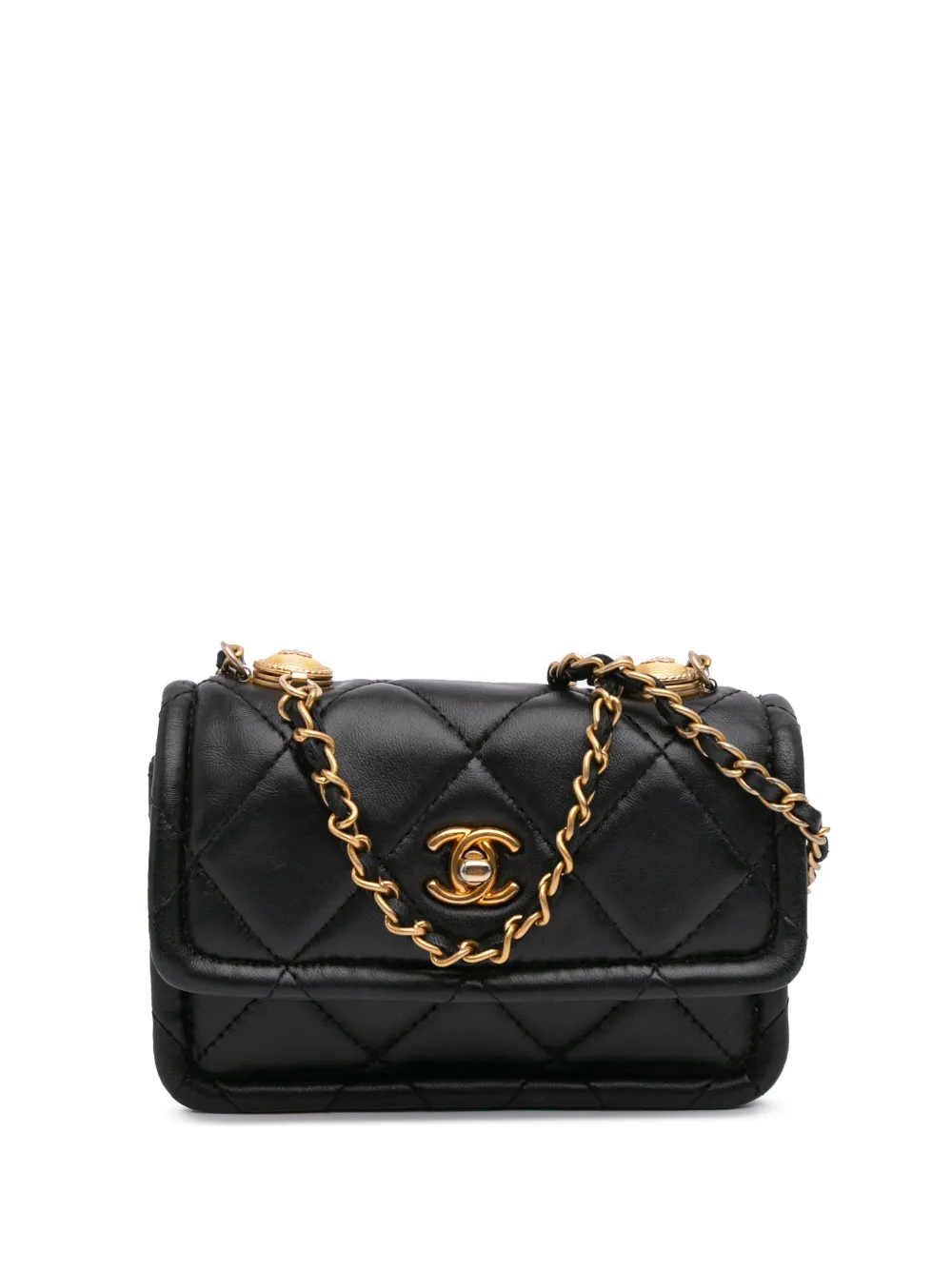 CHANEL Pre-Owned 2020 Mini Lambskin Button On Top Flap satchel | Black | Image 1