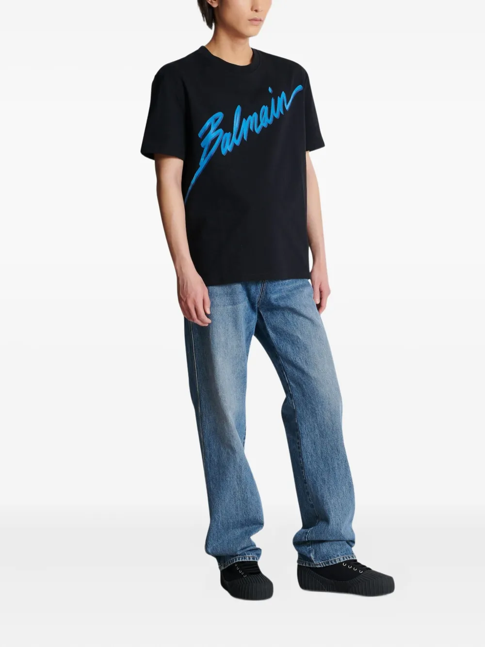 Balmain flocked-finish T-shirt Blauw