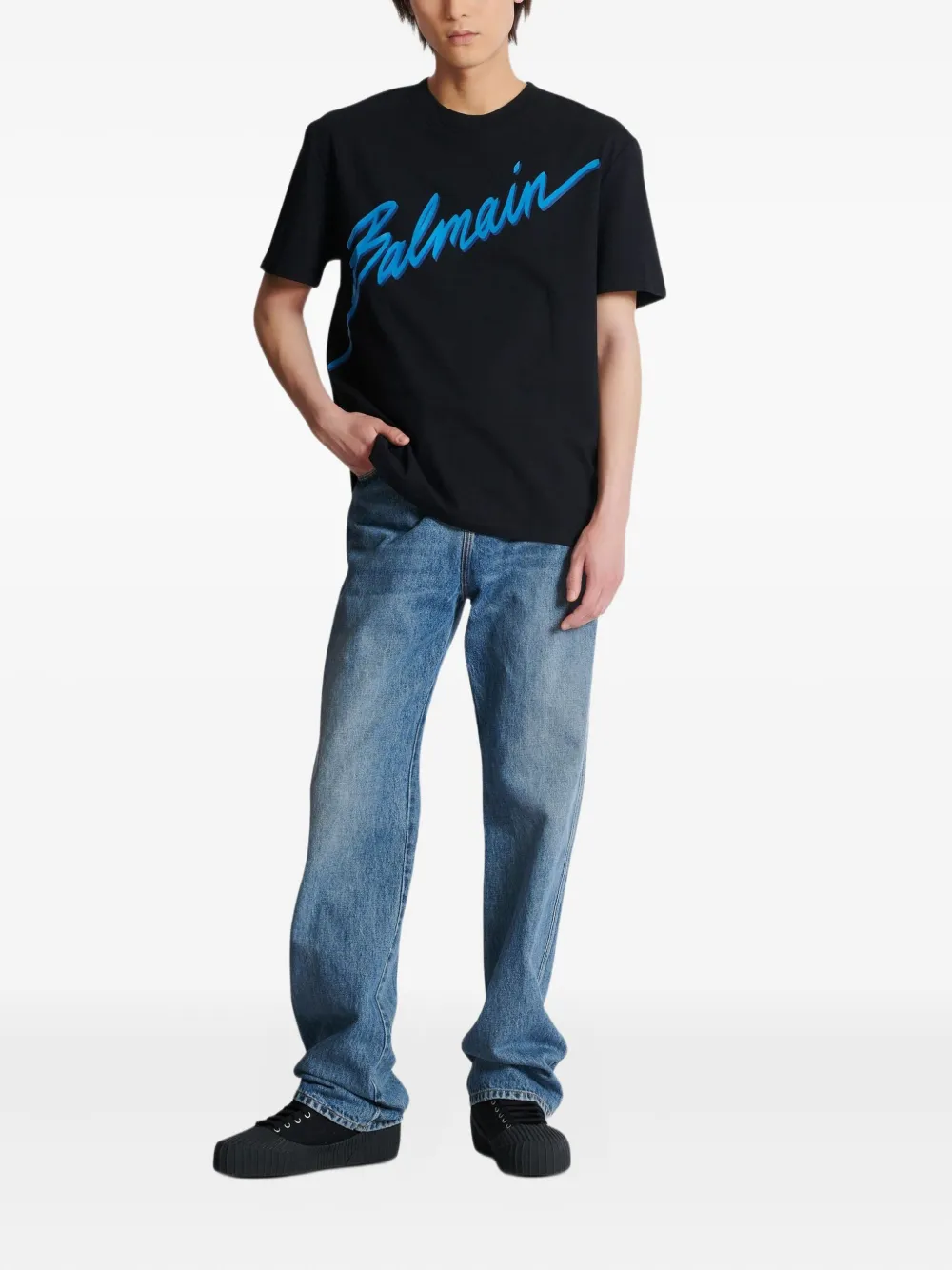 Balmain flocked-finish T-shirt - Blauw