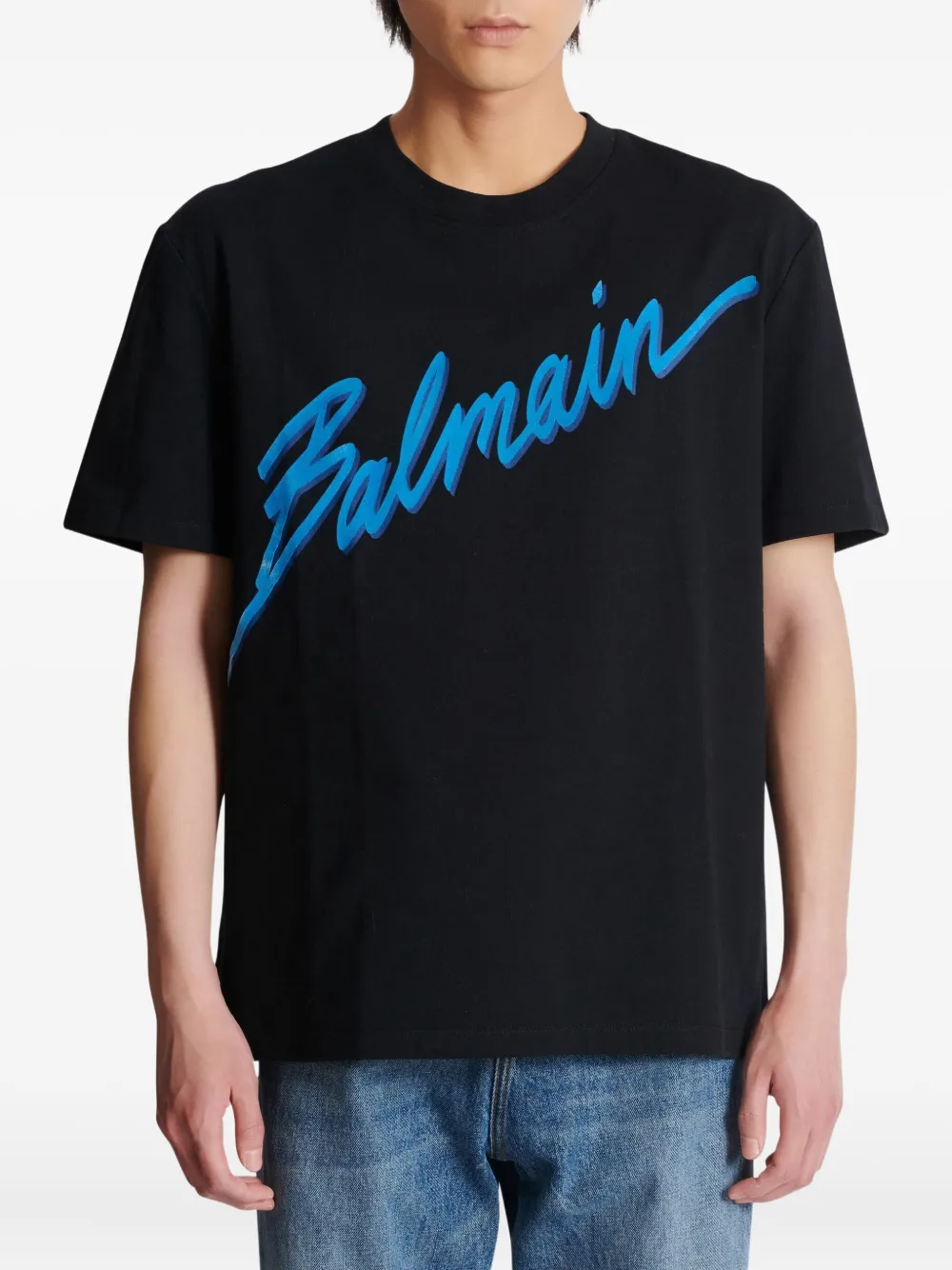 Balmain flocked-finish T-shirt Blauw