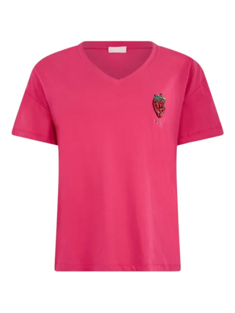 LIU JO sequin-strawberry V-neck T-shirt