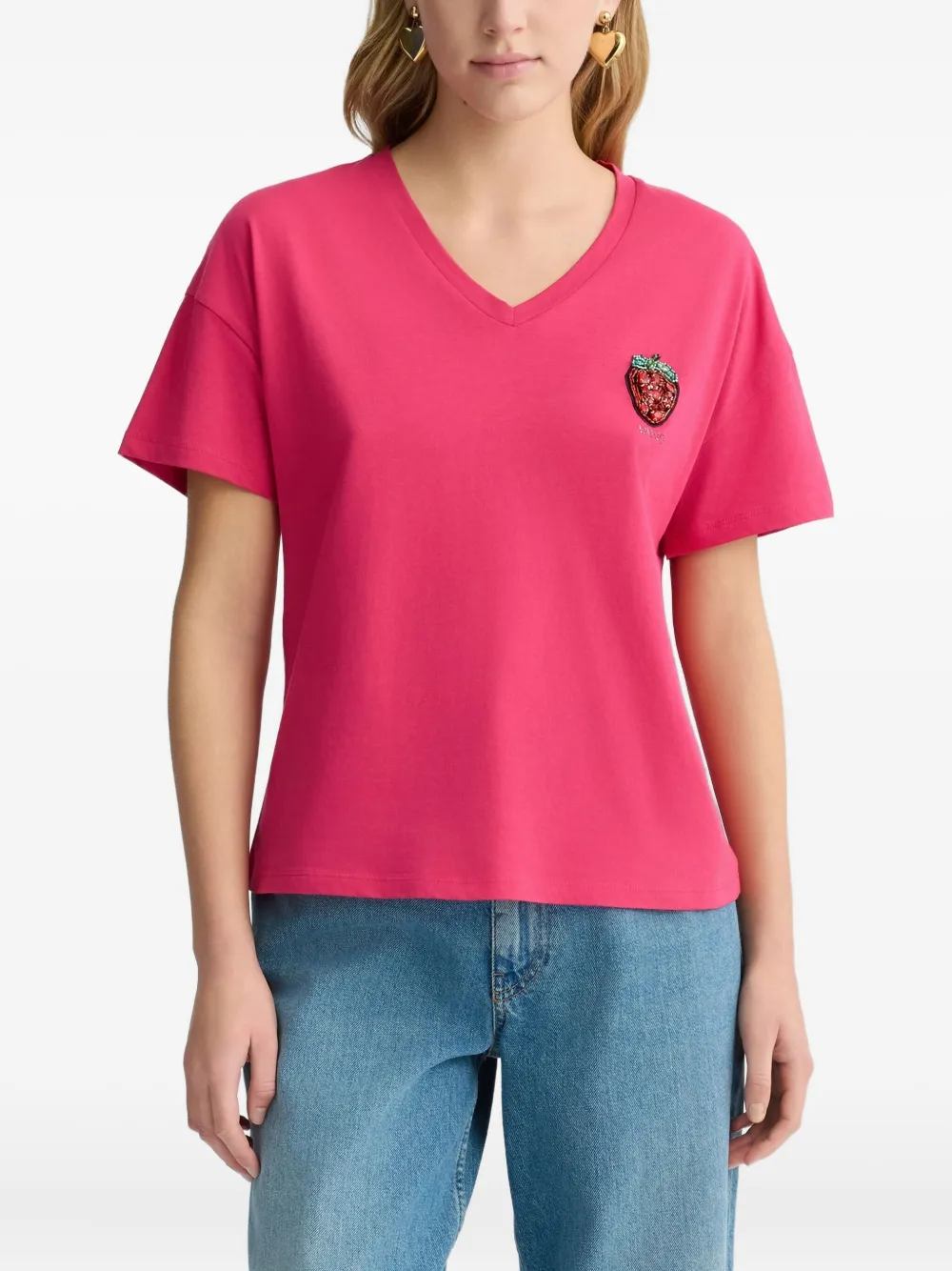 Liu •jo Sequin-strawberry V-neck T-shirt In Pink