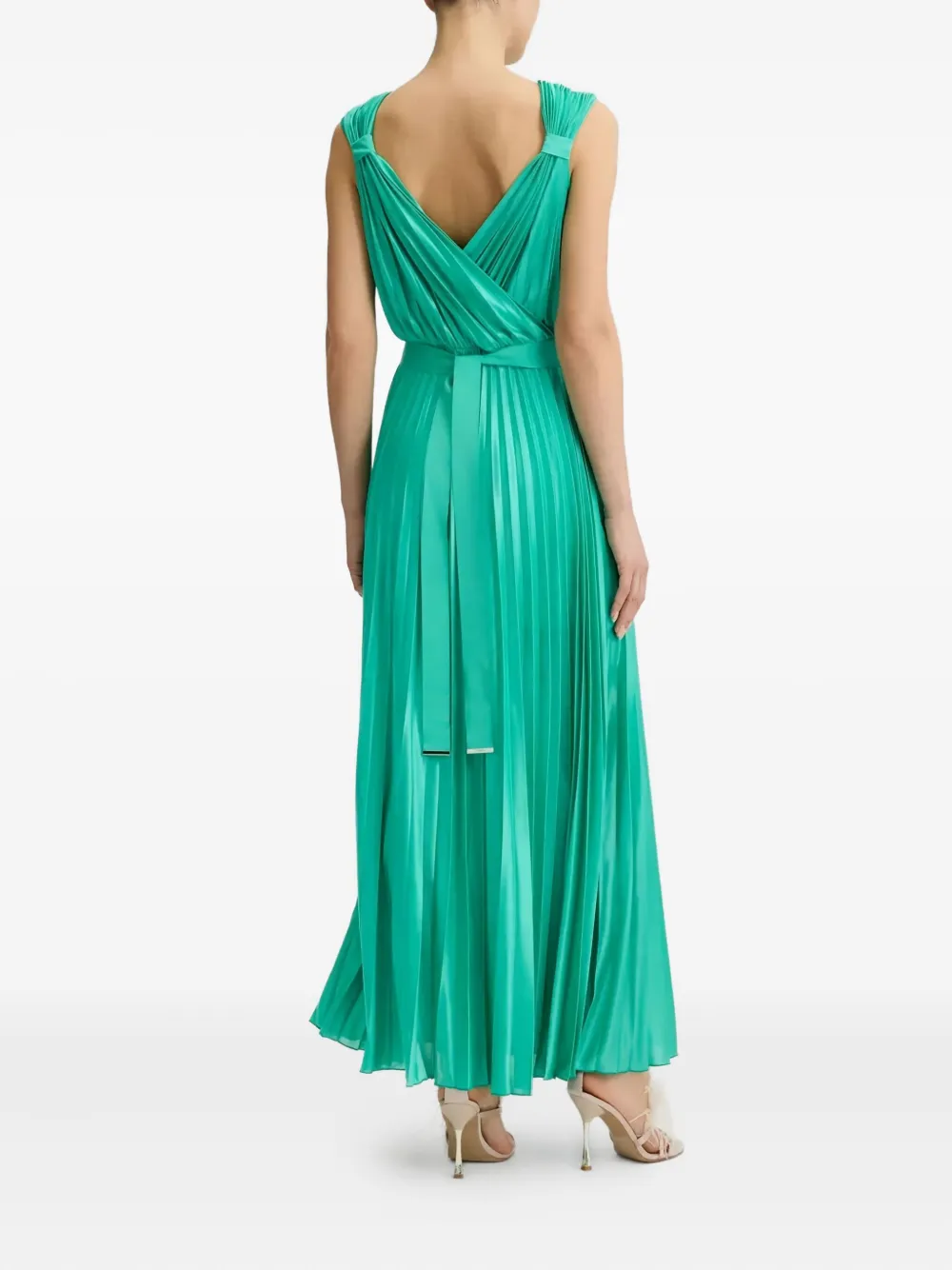 Liu •jo Pleated Embellished-belt Maxi Dress In Green