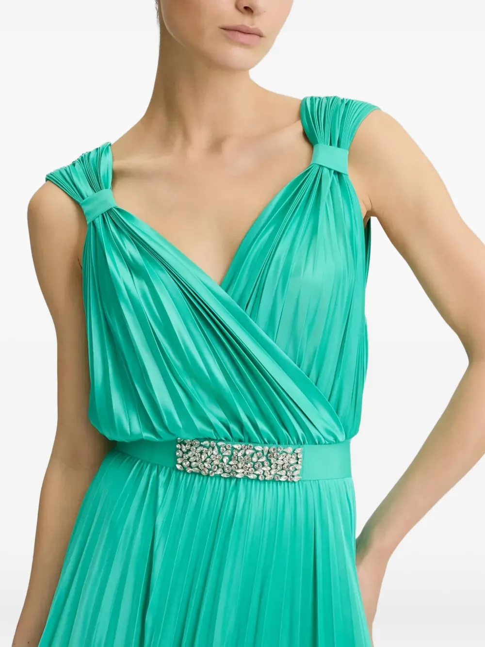 Liu •jo Pleated Embellished-belt Maxi Dress In Green